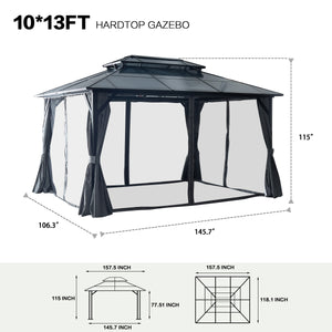 10'x13' Hardtop Gazebo, Outdoor Polycarbonate Double Roof Canopy, Aluminum Frame Permanent Pavilion with Curtains and Netting, Sunshade for Garden, Patio, Lawns