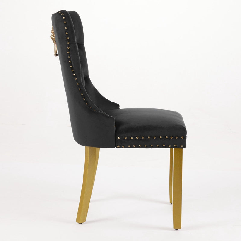 Tufted Velvet Solid Wood Dining Side Chairs (Set of 2) - Black / Gold