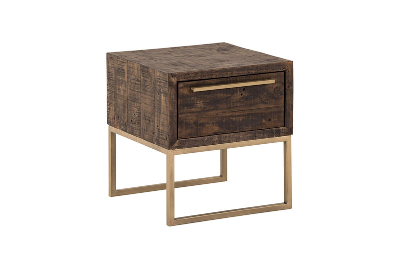 Reclaimed Wood End Table With Drawer - Antiqued Brass And Brown