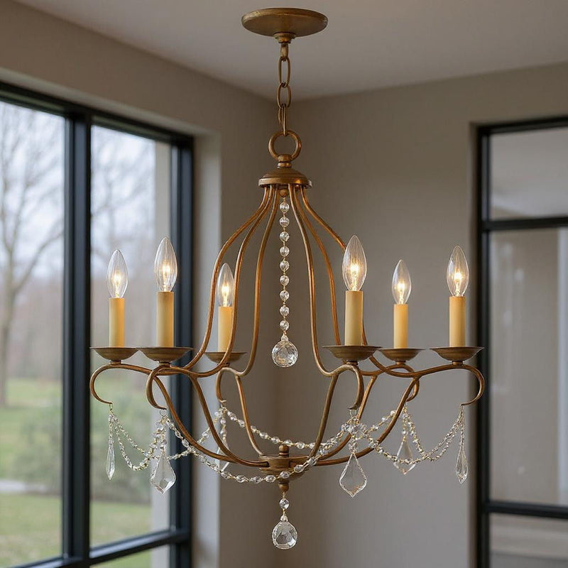 26" Six Light Dimmable Chandelier With Shades - Antiqued Gold