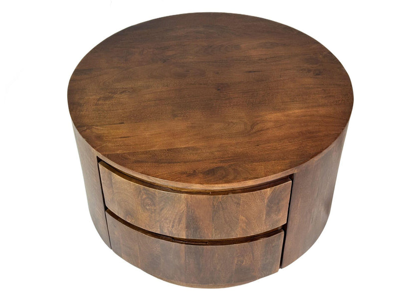 Round Drum Coffee Table With Two Drawers - Chestnut