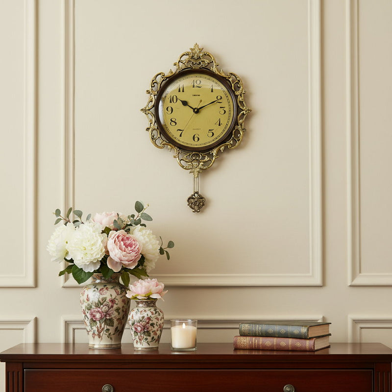 Silent Pendulum Ornate Round Wall Clock - Brown / Gold / Black