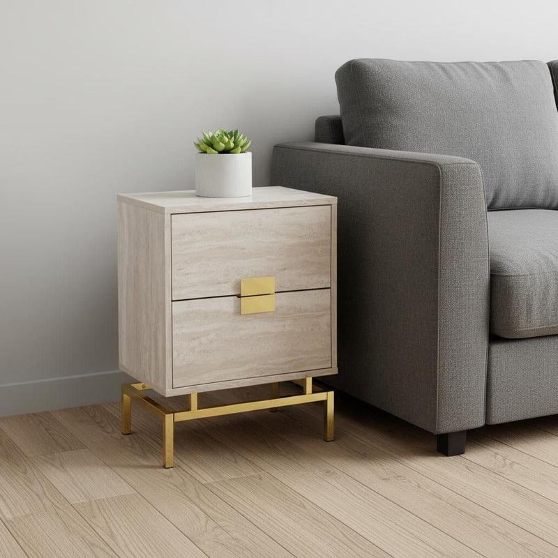 End Table With Two Drawers - Gold And Beige