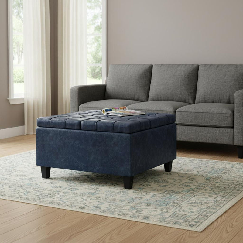 30" Leather Cocktail Ottoman With Storage - Blue / Black