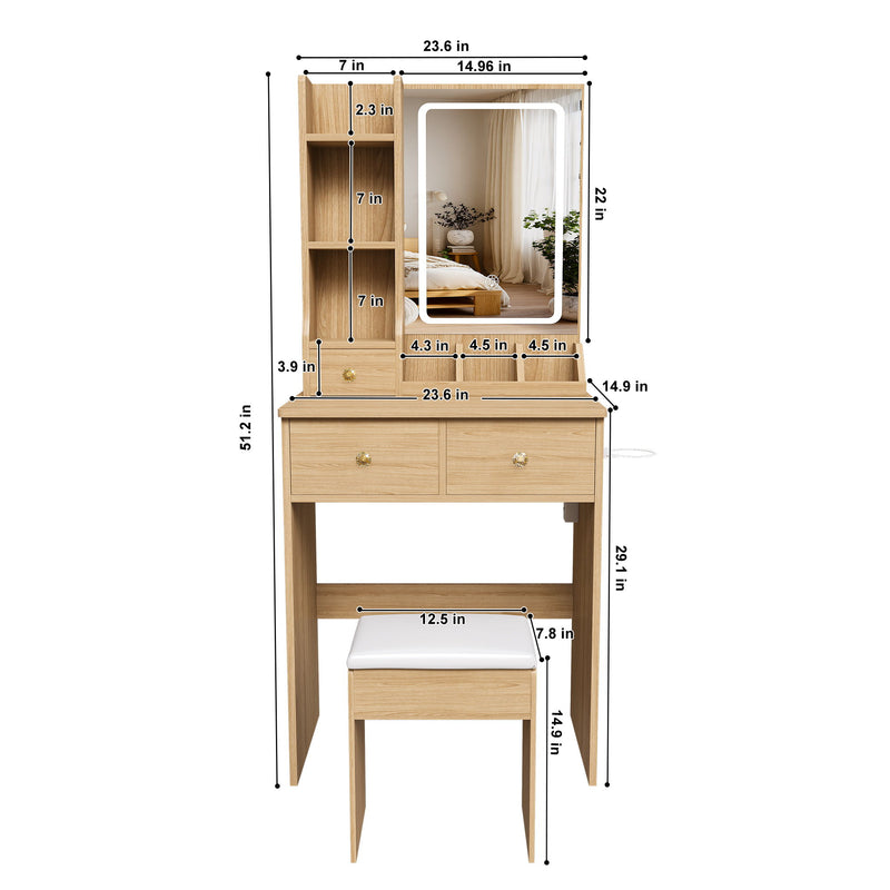 Small Vanity Desk With 3 LED Lighting Modes, 3 Drawers, Hair Dryer Holder, Power Socket, And Dressing Chair - Natural Walnut
