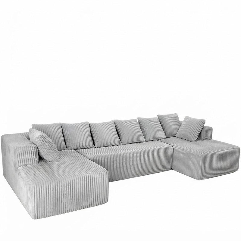 Corduroy Modular U Shaped Three Piece Sofa And Chaise Sectional With Console And Toss Pillows - Gray