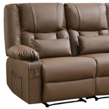 Load image into Gallery viewer, Faux Leather Manual Reclining Loveseat With Storage Toss Pillows - Brown
