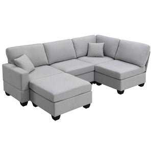 [VIDEO provided][New]89.8*60.2" Modern Sectional Sofa,5-Seat Modular Couch Set with Convertible Ottoman,L-Shape Linen Fabric Corner Couch Set with 2 Pillows for Living Room,Apartment,Office, 3 Colors