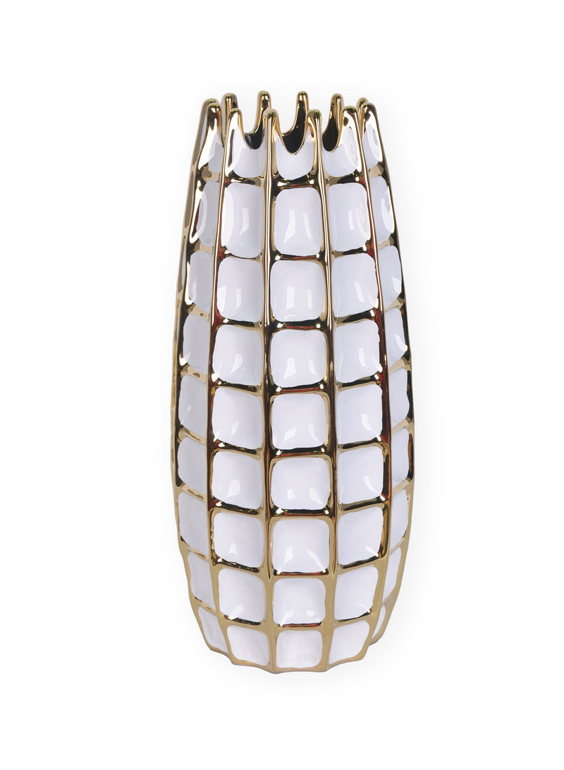 Checkered Oval Porcelain Table Vase With Sculptural Details - White