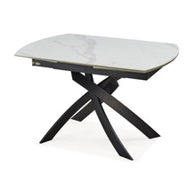 Load image into Gallery viewer, 47" Ceramic And Metal Self-Storing Leaf Cross Leg Base Oval Extendable Dining Room Table - Gray / White
