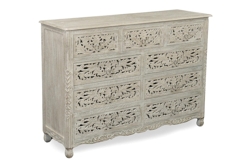 Carved Floral Solid Wood Nine Drawer Dresser - Gray