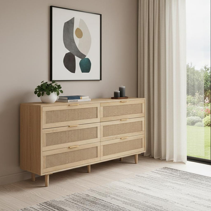 Rattan Six Drawer Double Dresser (716335) - Natural