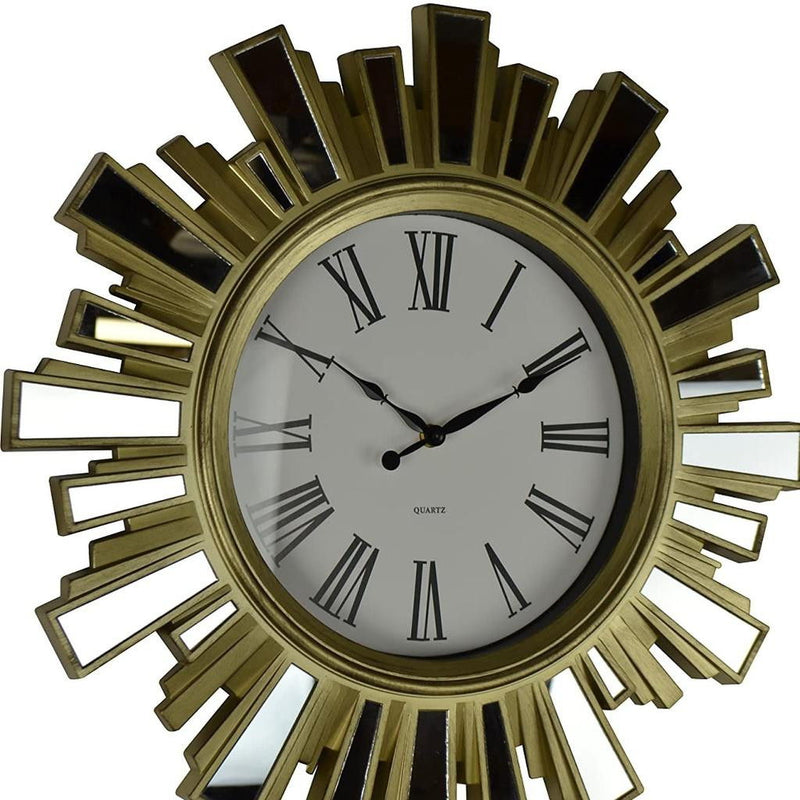 Mirrored Heavy Duty Plastic Silent Analog Sunburst Wall Clock - Gold / Gold / White