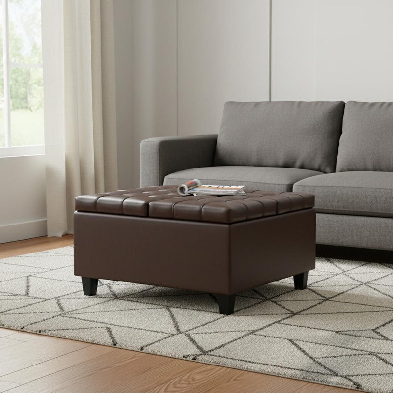 30" Leather Cocktail Ottoman With Storage - Brown / Black