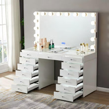Load image into Gallery viewer, LED Lighted Makeup Vanity Desk With 16 Bulbs Mirror, 13 Drawers Dressing Table For Bedroom - Gloss White
