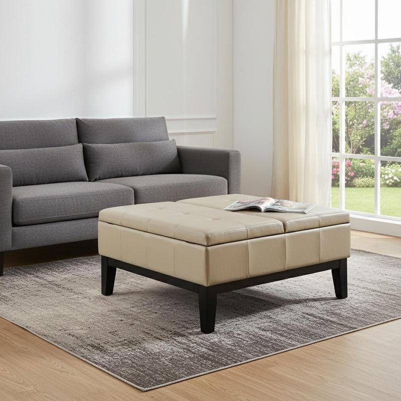 36" Leather Cocktail Ottoman With Storage - Cream / Dark Brown