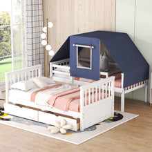 Load image into Gallery viewer, Twin Over Twin Bunk Bed Wood Bed with Tent and Drawers, White+Blue Tent
