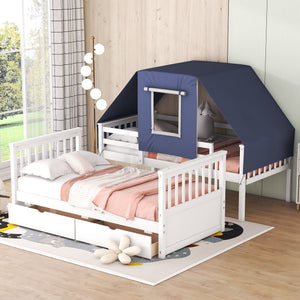 Twin Over Twin Bunk Bed Wood Bed with Tent and Drawers, White+Blue Tent