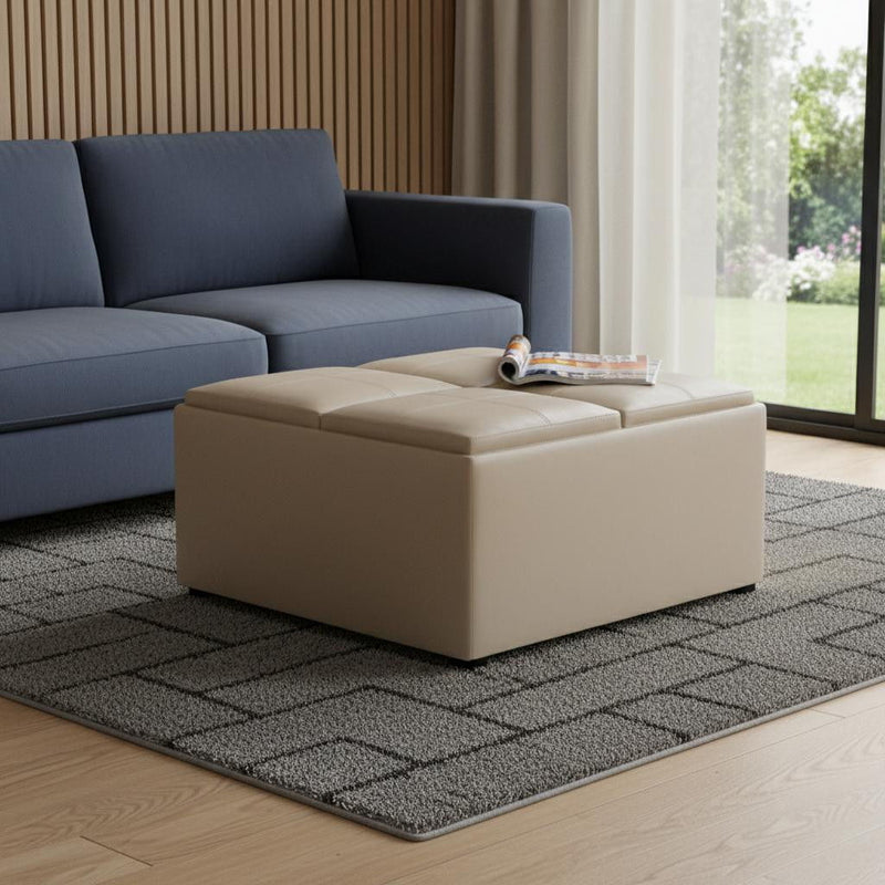 35" Leather Cocktail Ottoman With Storage - Cream / Dark Brown