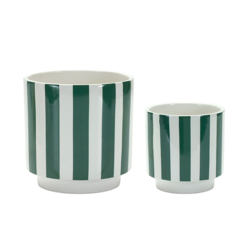 Dolomite Striped Round Pot Planters (Set of 2) - Green / White