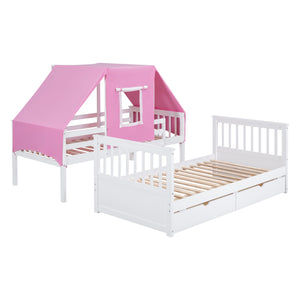 Twin Over Twin Bunk Bed Wood Bed with Tent and Drawers, White+Pink Tent