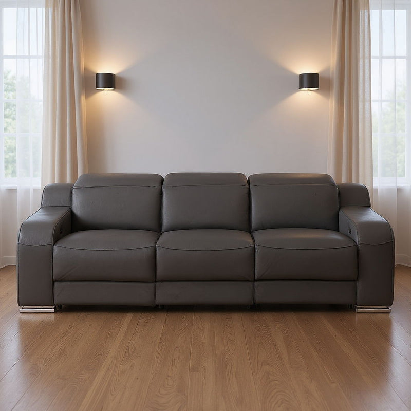 103" Modern Italian Leather Reclining USB Sofa - Dark Gray