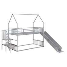 Load image into Gallery viewer, Twin over Twin Metal Bunk Bed House Bed with Slide and Staircase, Silver
