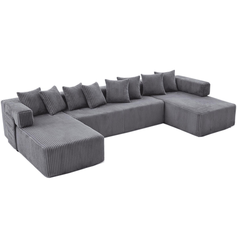 Corduroy Modular U Shaped Three Piece Corner Sectional With Console And Toss Pillows - Dark Gray