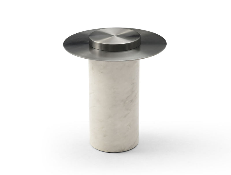 Gunmetal Steel Faux Marble Round Pedestal End Table - White / Steel