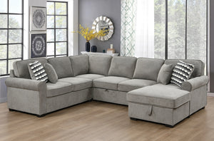 117" Oversized Sectional Sofa with Storage Chaise, Rolled Arms U Shaped Sectional Couch ,Removable Soft Backrest Cushions, with 4 Throw Pillows for Large Space Dorm Apartment,Light Gray