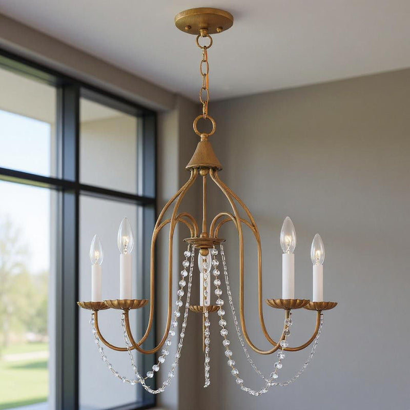 Five Light Dimmable Chandelier With Shades - Antiqued Gold