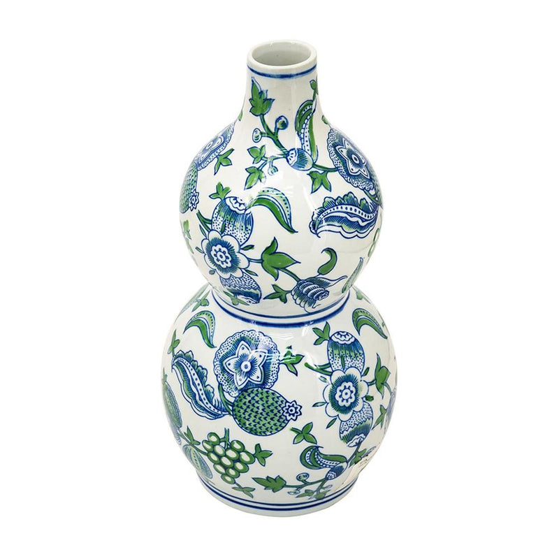Chinoiserie Porcelain Wavy Gourd Table Vase - White / Green / White