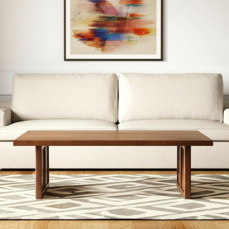42" Solid Wood And Wicker Square Double Pedestal Coffee Table - Natural