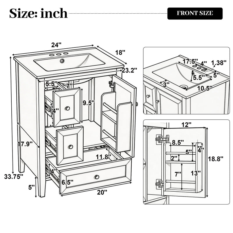 Modern Bathroom Vanity With Sink, Soft Close Drawers & Door, Storage Rack