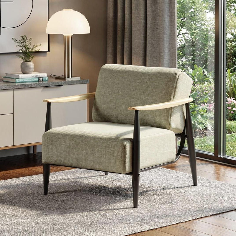 Upholstered Cushion Solid Wood Arm Chair - Beige / Black / Natural