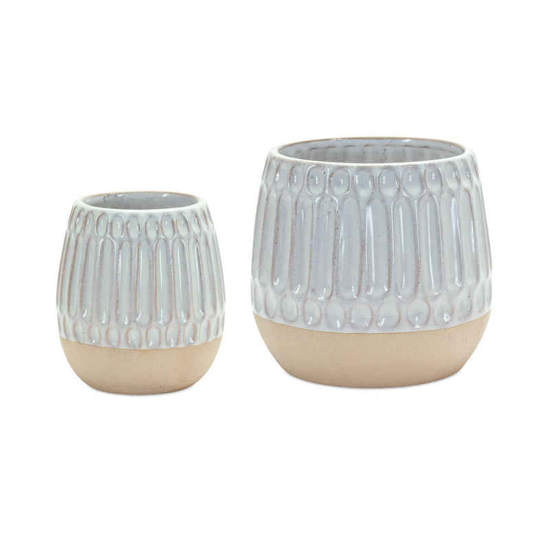 Ribbed Round Porcelain Table Vase (Set of 2) - Beige / White