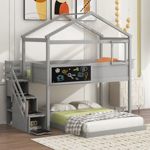 Load image into Gallery viewer, Twin over Full House Bunk Bed with Storage Staircase and Blackboard,Gray(Old SKU: GX001701AAE)
