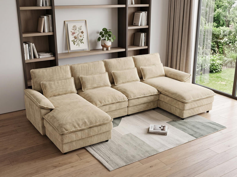 Chenille Modular U Shaped Four Piece Sofa And Chaise Sectional With Console And Toss Pillows - Khaki