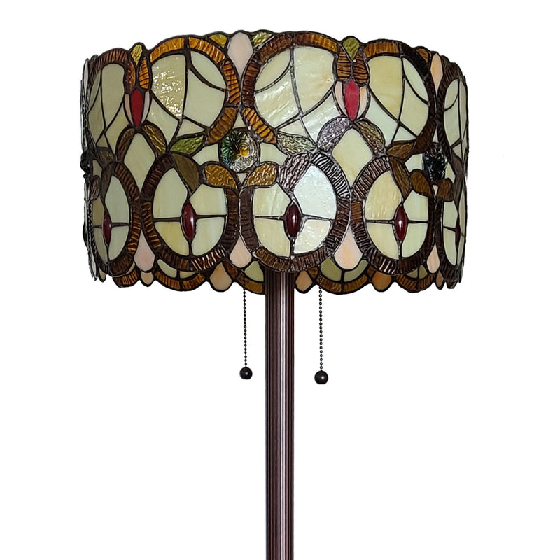 Two Light Traditional Shaped Floor Lamp With Brown And White Stained Glass Drum Shade - Brown