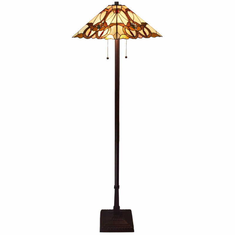 62" Two Lights Traditional Shaped Floor Lamp With Brown And White Stained Glass Cone Shade - Brown