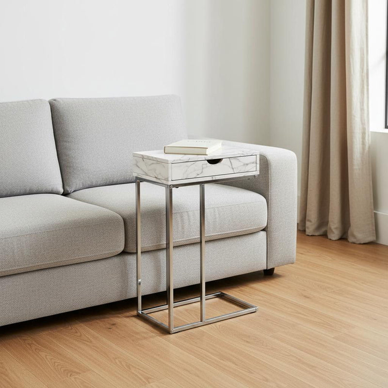 Faux Marble And Iron End Table With Drawer - Gray White And Silver