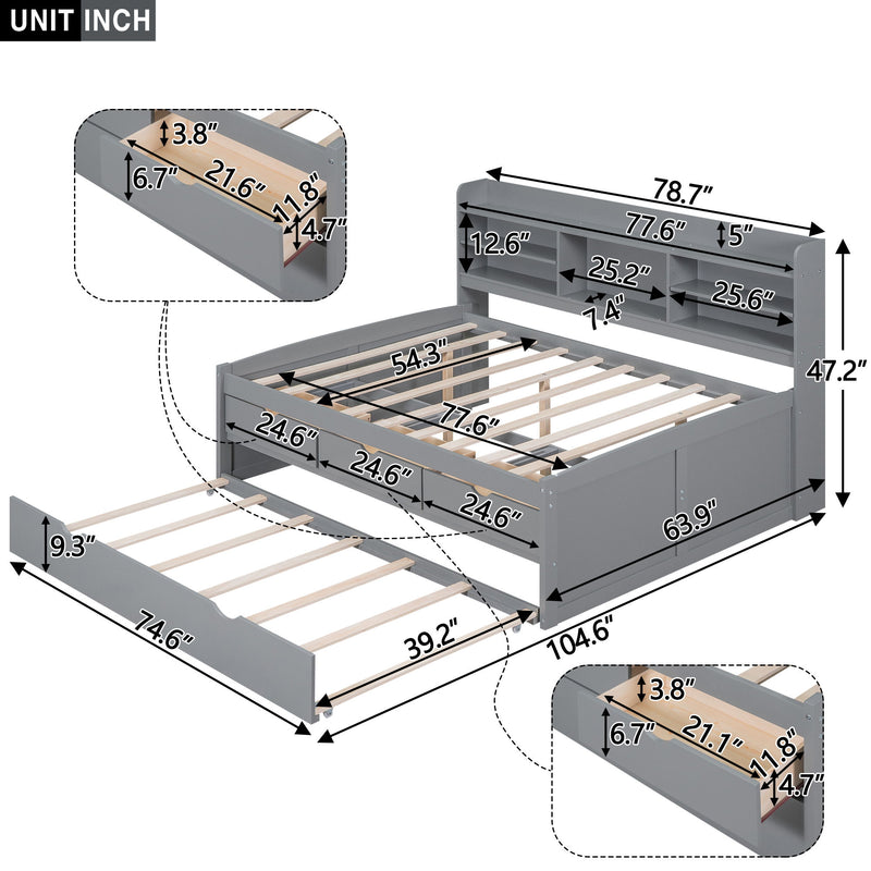 Captain Bed With Built In Bookshelves, 3 Storage Drawers, And Trundle