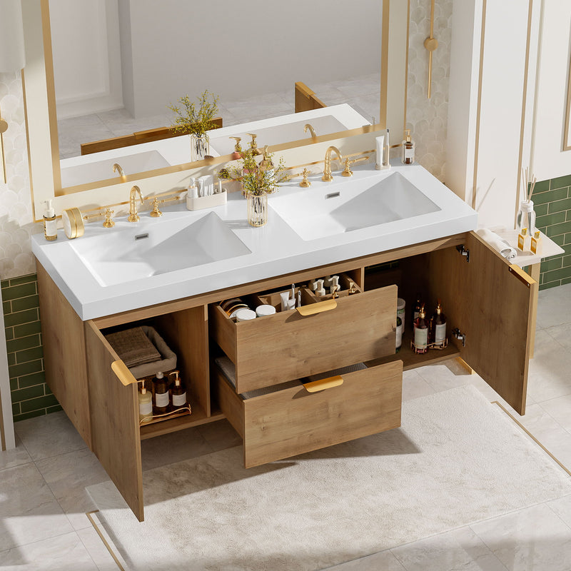Double Sink Bathroom Vanity Soft Close Doors, Divided Drawers, Wall Mounted - Wood