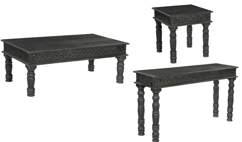 Solid Wood Distressed Coffee Table (Set of 3) - Black