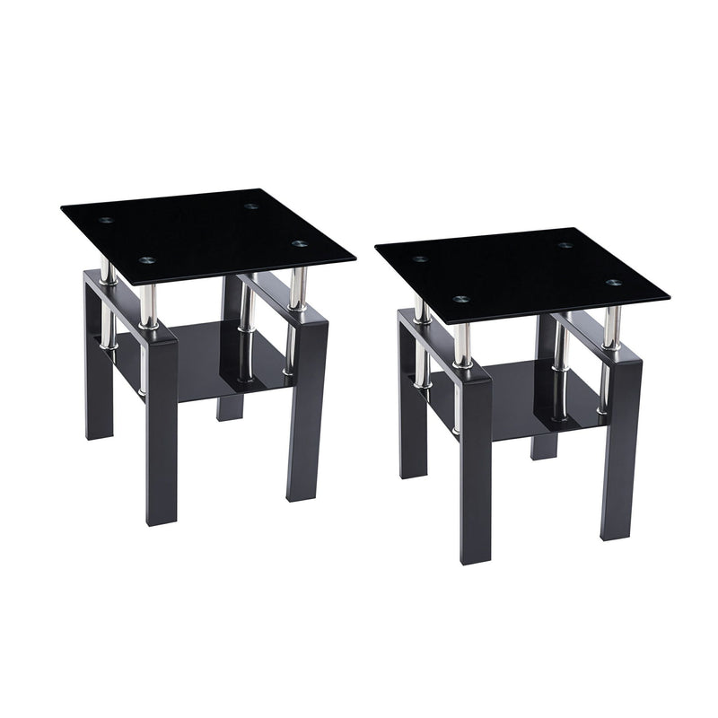 Glass Metal Square End Tables With Shelf (Set of 2) - Black