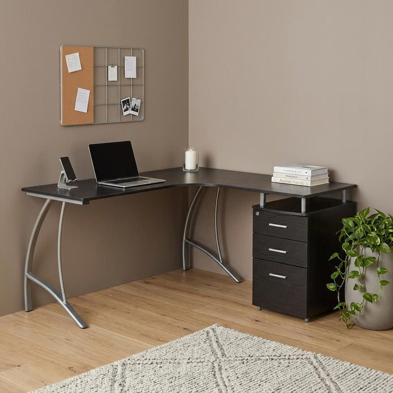 Stainless L Shape Trestle Computer Desk With Two Drawers - Espresso / Silver