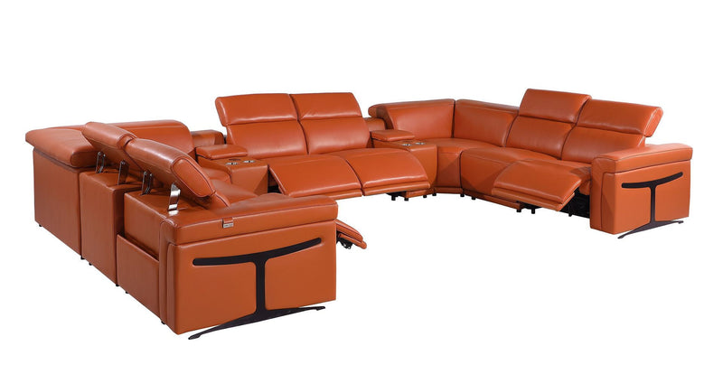 Italian Leather Power Reclining U Shaped Ten Piece Corner Sectional With Console - Camel