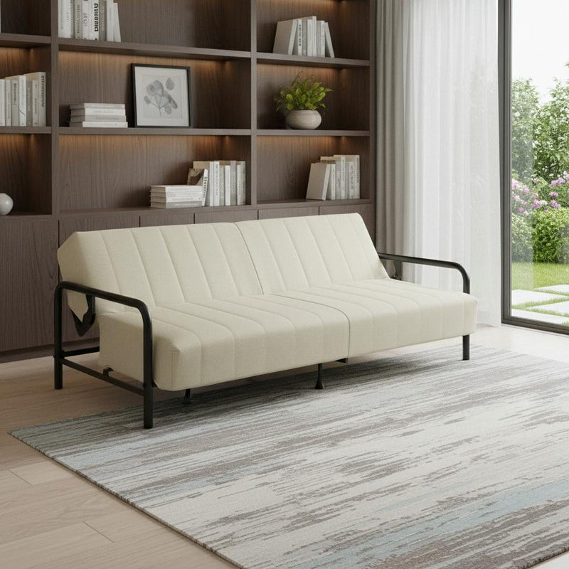 Fabric Convertible Futon Steel Sleeper Reclining Sofa - Beige
