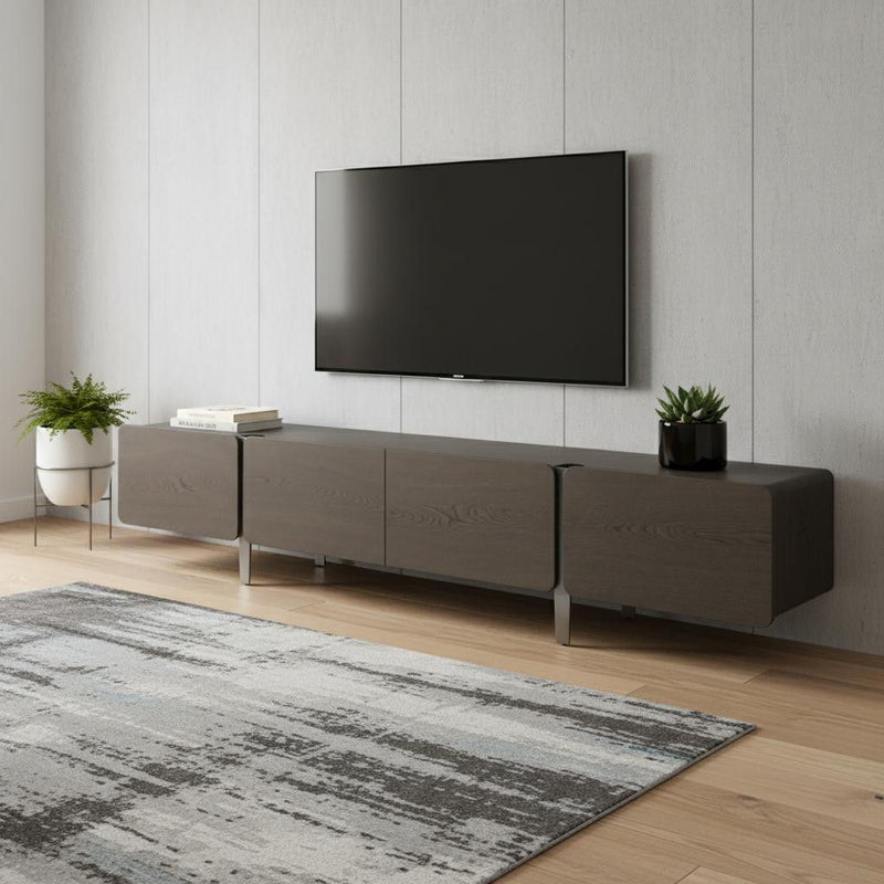 Wood Stainless Steel Enclosed Storage TV Stand - Ash Gray / Nickel