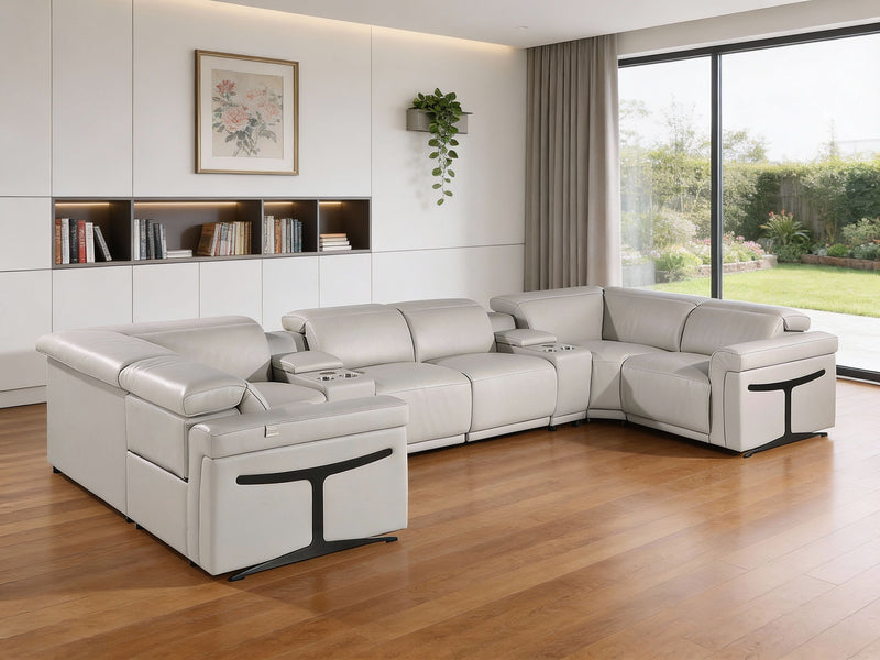 Leather Power Reclining U Shaped Eight Piece Corner Sectional With Console - Light Gray
